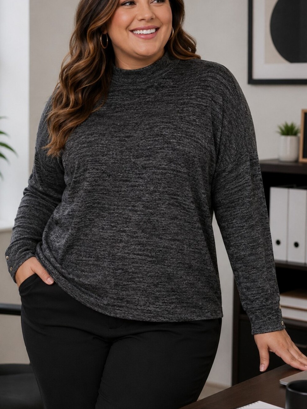 Rafaella Heathered Gray and Black Mock Neck Lightweight Sweater. In EUC